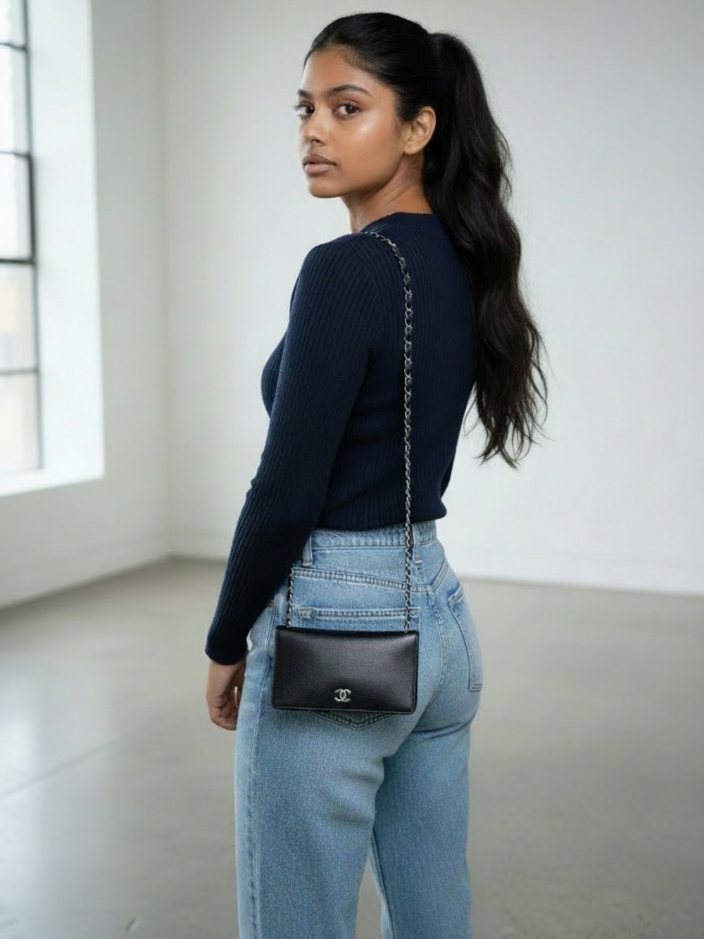 🐼🖤Chanel Sevruga CC Logo Wallet with Crossbody or Shoulder Style Chain Bag